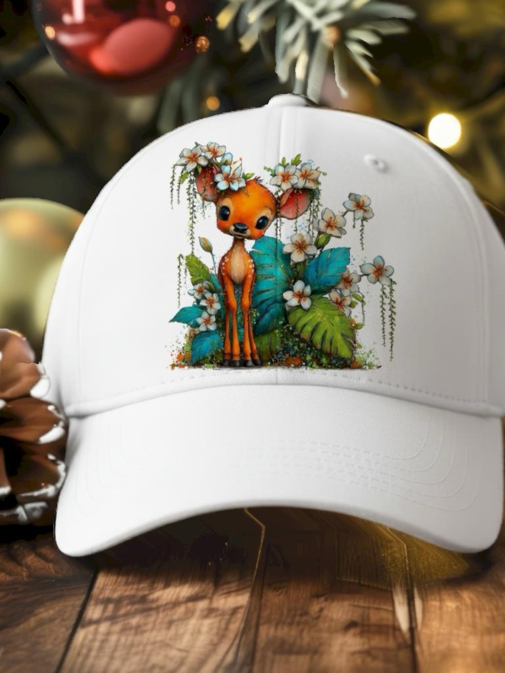 White Baseball Cap with Orange Deer Floral Print
